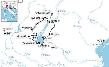 Karte mit Radweg rund um den Gardasee mit Stationen in Desenzano, Salò, Gavardo, Vestone, Riva del Garda, Torbole, Rivalta und Garda.