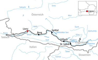 Karte mit Radroute von Toblach über Lienz, Berg, Spittal, Villach nach St. Jakob entlang der Drau zwischen Österreich und Slowenien.