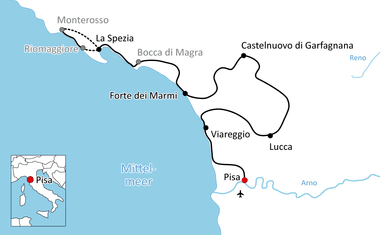 Karte mit Radroute von Monterosso entlang der toskanischen Küste über La Spezia, Forte dei Marmi, Viareggio nach Pisa, mit Stopps in Castelnuovo di Garfagnana und Lucca.