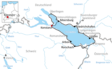 Map showing cycling route around Lake Constance through Germany, Switzerland and Austria, with stops in Konstanz, Meersburg, Friedrichshafen, Lindau, Bregenz, Rorschach and Arbon.