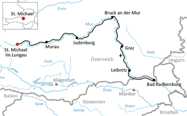 Map showing cycling route along Mur river through Austria from St. Michael im Lungau via Murau, Judenburg, Bruck, Graz, Leibnitz to Bad Radkersburg.