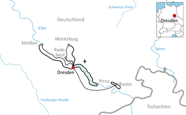 Karte mit Radroute entlang der Elbe bei Dresden. Die Route verbindet Meißen, Radebeul, Dresden und Pirna, mit den Flüssen Elbe und Spree.