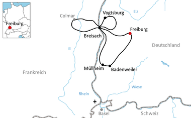Karte mit Rundradweg durch das Rheintal, der Freiburg, Vogtsburg, Breisach, Müllheim und Badenweiler in Deutschland und Frankreich verbindet.