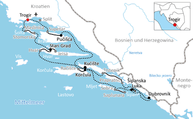 Karte mit Radroute entlang der kroatischen Adriaküste von Trogir nach Dubrovnik über Split, Hvar, Korčula und andere Küstenstädte.