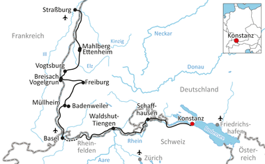 Karte mit Radroute entlang des Rheins von Straßburg nach Konstanz durch Freiburg, Basel und die Bodenseeregion in Deutschland, Frankreich und der Schweiz.