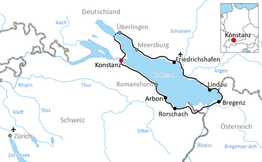 Karte mit Radweg rund um den Bodensee durch Deutschland, Schweiz und Österreich, verbindet Konstanz, Überlingen, Friedrichshafen, Lindau, Bregenz, Rorschach und Arbon.