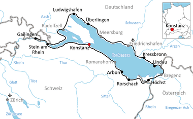 Karte mit Radweg rund um den Bodensee durch Deutschland, Schweiz und Österreich, vorbei an Städten wie Konstanz, Lindau und Rorschach.