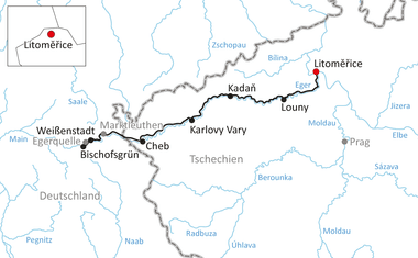 Karte mit Radweg durch Tschechien von Weißenstadt über Karlovy Vary, Kadaň und Louny nach Litoměřice, mit Flüssen und Regionsgrenzen.
