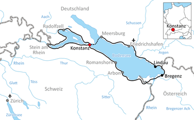 Karte mit Radweg rund um den Bodensee durch Deutschland, Schweiz und Österreich, der Konstanz, Lindau und Bregenz verbindet.