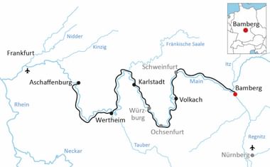 Map showing cycling route along Main River from Aschaffenburg via Wertheim, Karlstadt, Volkach to Bamberg. Inset map shows Bamberg location in Bavaria.
