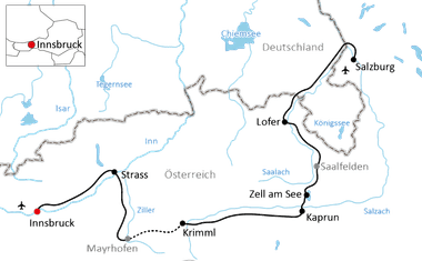 Karte mit Radroute von Innsbruck über Strass, Krimml, Kaprun, Zell am See, Lofer nach Salzburg in Österreich mit Flüssen und Seen.