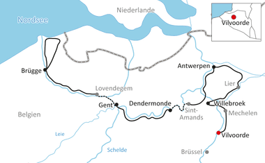 Karte mit Radweg durch Belgien und Niederlande, der Vilvoorde, Antwerpen, Willebroek, Dendermonde, Gent und Brügge mit schwarzer Linie verbindet.