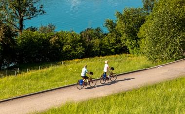 Drei Radfahrer auf einem asphaltierten Weg neben dem türkisfarbenen Brienzersee, umgeben von grünen Wiesen und Bäumen an einem sonnigen Tag.