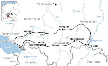 Karte mit Radroute von Lindau am Bodensee über Wangen, Kempten, Marktoberdorf, Nesselwang nach Füssen in Bayern, Deutschland.