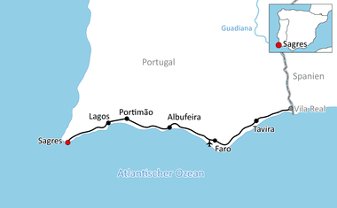 Karte mit Radroute entlang Portugals Algarve-Küste von Sagres über Lagos, Portimão, Albufeira, Faro, Tavira nach Vila Real.