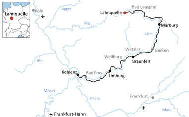 Karte mit Radweg entlang der Lahn von Lahnquelle über Bad Laasphe, Marburg, Gießen, Wetzlar, Braunfels, Weilburg, Limburg, Bad Ems bis Koblenz.