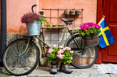 Altes Fahrrad mit lila und rosa Blumen in Metalleimern, an einer rosa Wand lehnend. Eine schwedische Flagge hängt am Lenker.