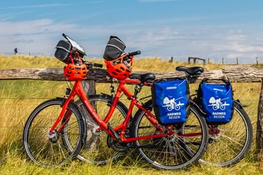 Zwei rote Tourenräder mit blauen Radweg Reisen Taschen und Kindersitzen, an einem Holzzaun in Dünenlandschaft auf Sylt.