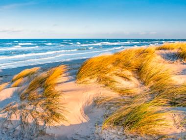 Sanddünen mit goldenem Strandhafer an der Ostseeküste. Blaue Wellen rollen unter einem teilweise bewölkten Himmel an den Strand.
