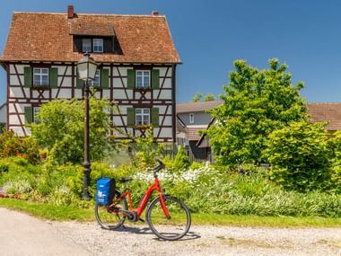 Rotes Fahrrad mit blauer Tasche auf Schotterweg vor traditionellem Fachwerkhaus mit grünen Fensterläden, umgeben von üppigen Frühlingsgärten.