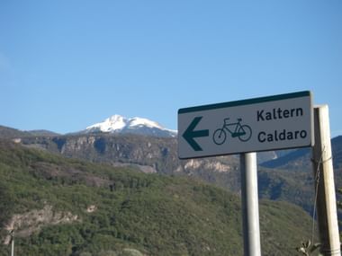 Weißes Wegweiserschild mit Fahrradsymbol nach Kaltern/Caldaro, mit schneebedecktem Berg und grünen bewaldeten Hängen im Hintergrund.