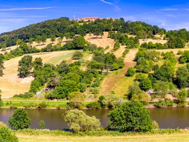 Panoramablick auf den Dilsberg mit Gebäuden auf der Spitze, mit Blick auf den Neckar. Grüne Wiesen und Bäume bedecken den Hang unter blauem Himmel.