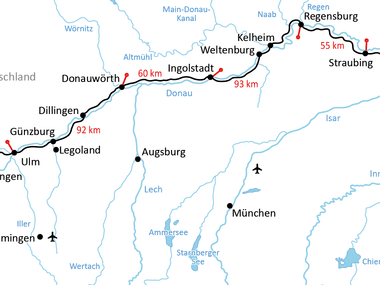 Map showing the Danube Cycle Path through Germany from Donaueschingen to Passau, passing through cities like Ulm, Regensburg, and Straubing.
