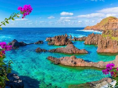 Natürliche vulkanische Felspools mit türkisfarbenem Wasser in Porto Moniz, Madeira, eingerahmt von rosa Bougainvillea unter blauem Himmel.