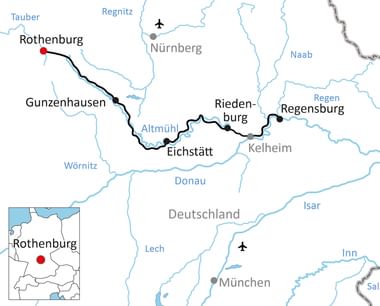 Karte mit Radweg von Rothenburg über Gunzenhausen, Eichstätt und Riedenburg nach Regensburg in Bayern, Deutschland.
