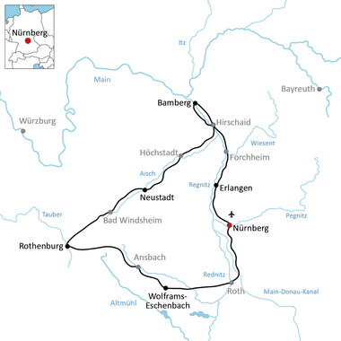 Karte mit Radweg durch Bayern von Nürnberg über Erlangen, Höchstadt und Hirschaid nach Bamberg, dann nach Rothenburg über Neustadt.