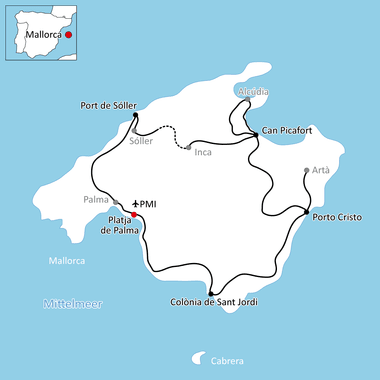 Karte mit einer Radroute rund um Mallorca mit Stopps in Port de Sóller, Alcúdia, Can Picafort, Porto Cristo und Platja de Palma.