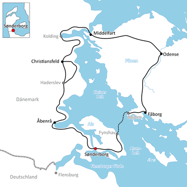 Karte mit einer Rundradroute durch Sønderborg, Odense, Fåborg, Åbenrå, Christiansfeld und Middelfart in Dänemark mit Wasserflächen in Blau.