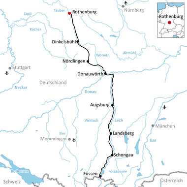 Karte mit Radweg von Rothenburg über Dinkelsbühl, Nördlingen, Donauwörth, Augsburg, Landsberg und Schongau nach Füssen in Bayern.