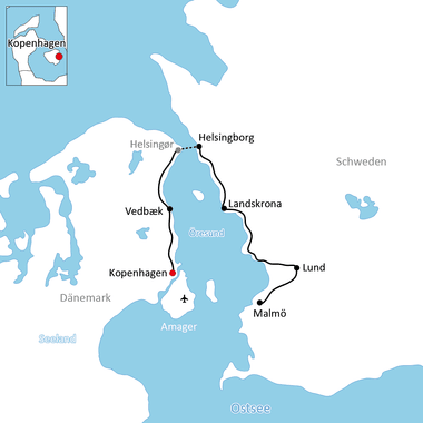 Karte mit Radroute von Kopenhagen über Vedbæk, Helsingør, Helsingborg, Landskrona, Lund nach Malmö über den Öresund.