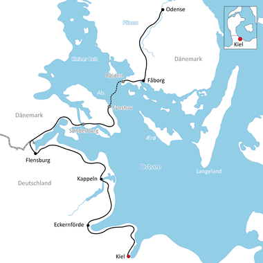 Karte mit Radroute durch Dänemark von Odense über Fåborg, Sønderborg, Flensburg, Kappeln, Eckernförde nach Kiel entlang der Ostseeküste.