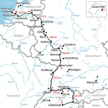 Karte des Rhein-Radwegs von Andermatt in der Schweiz durch Deutschland bis Amsterdam in den Niederlanden mit Entfernungsangaben.