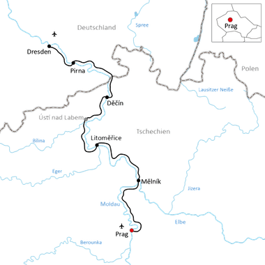 Karte mit Radweg von Dresden nach Prag durch Tschechien, vorbei an Pirna, Děčín, Litoměřice und Mělník entlang der Elbe.