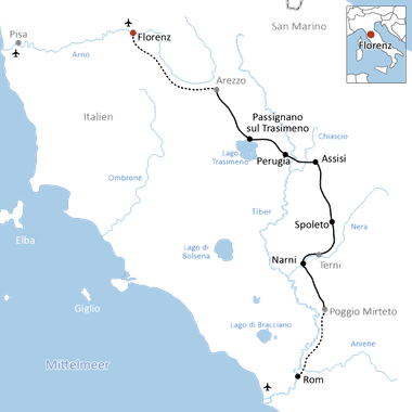 Karte mit Radroute von Florenz über Arezzo, Perugia, Assisi, Spoleto, Narni nach Rom. Gepunktete Linien zeigen Zugverbindungen.