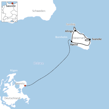 Karte mit Radweg von Sassnitz, Deutschland über die Ostsee nach Bornholm, Dänemark, mit Stationen in Rønne, Allinge, Sandvig und Svaneke.