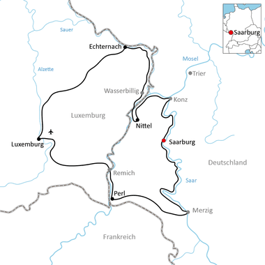 Karte mit Radweg durch Luxemburg und Saarburg mit Stationen in Echternach, Wasserbillig, Nittel, Perl und Remich. Flüsse Mosel und Saar sichtbar.