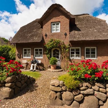 Traditionelles Reetdachhaus in Nieblum, Föhr mit roter Backsteinfassade und weißen Fenstern. Vorgarten mit roten Rosen und Steinmauern.