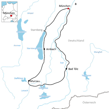 Karte mit Radweg von München über Starnberg, Ambach, Bad Tölz nach Murnau. Ammersee, Starnberger See und Kochelsee sind blau markiert.