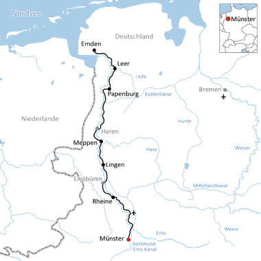 Karte mit Radroute von Emden nach Münster über Leer, Papenburg, Meppen, Lingen und Rheine im Nordwesten Deutschlands nahe der niederländischen Grenze.