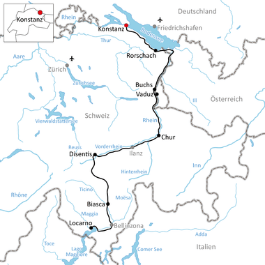 Karte mit Radroute entlang des Rheins von Konstanz über Rorschach, Buchs, Vaduz, Chur, Disentis, Biasca nach Locarno, vorbei am Bodensee und Schweizer Seen.