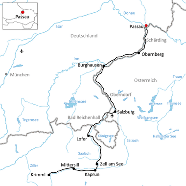 Karte des Tauernradwegs von Krimml durch Österreich nach Passau, Deutschland, mit Stationen wie Zell am See, Salzburg und Burghausen.