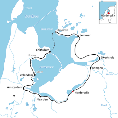 Radwegkarte mit Rundtour um das IJsselmeer von Harderwijk über Lemmer, Enkhuizen, Volendam, Amsterdam, Naarden und Kampen.