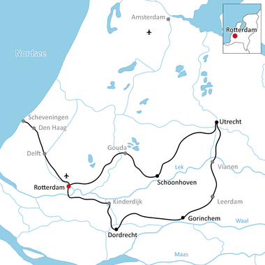 Karte mit Radroute durch die Niederlande, die Rotterdam, Scheveningen, Den Haag, Delft, Schoonhoven, Gorinchem, Dordrecht und Utrecht verbindet.