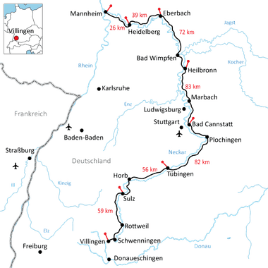 Karte des Neckar-Radwegs von Villingen-Schwenningen nach Mannheim über Heidelberg, Stuttgart und Tübingen mit Entfernungsangaben in Kilometern.