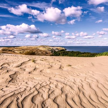 Vom Wind geformte Sanddünen an der Parnidis-Düne in Nidden mit Rippelmustern. Grüne Vegetation säumt die Dünen, dahinter die Ostsee und blauer Himmel.