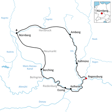 Map showing a circular cycling route through Bavaria, connecting Nuremberg, Amberg, Regensburg, Kelheim, and other towns along rivers.